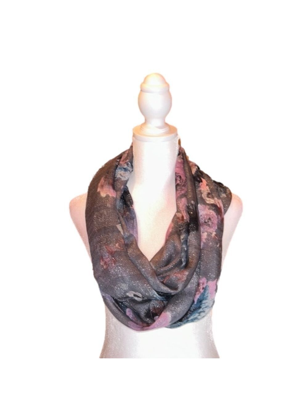 LOFT Gorgeous Gray & Mauve/Rose Sparkly Floral Print Infinity Scarf NWT!